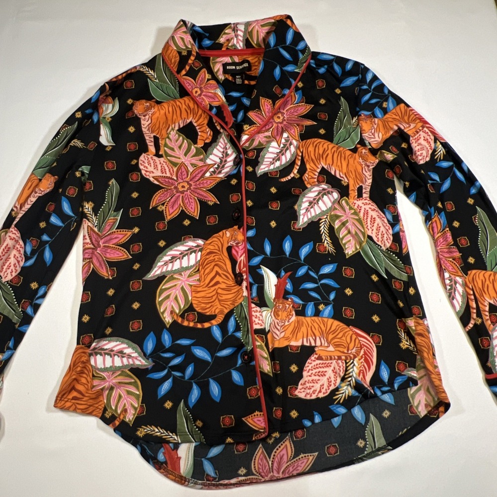 Room Service Tiger and Flower Button Up Top Size S Loungewear Casual Exotic Boho